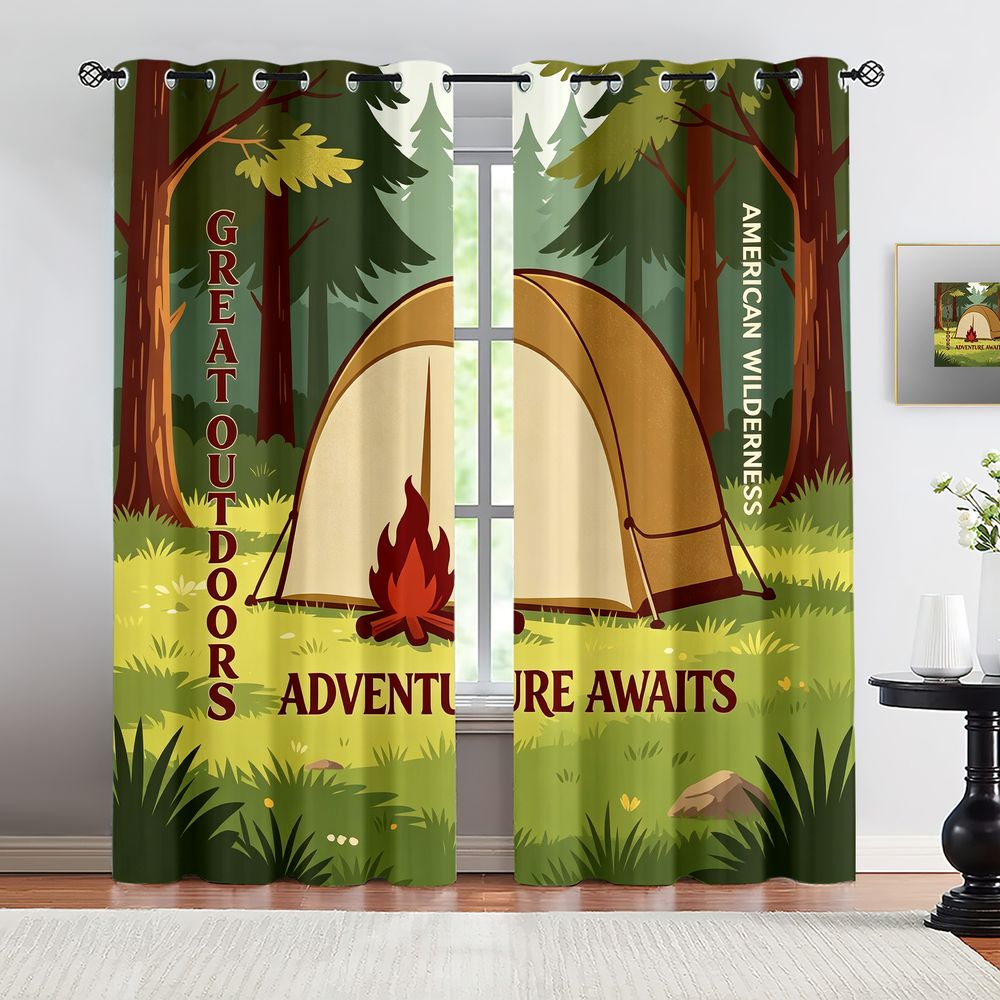 Home Decor Curtain - Camping Scene Print Curtains, Rustic Nature