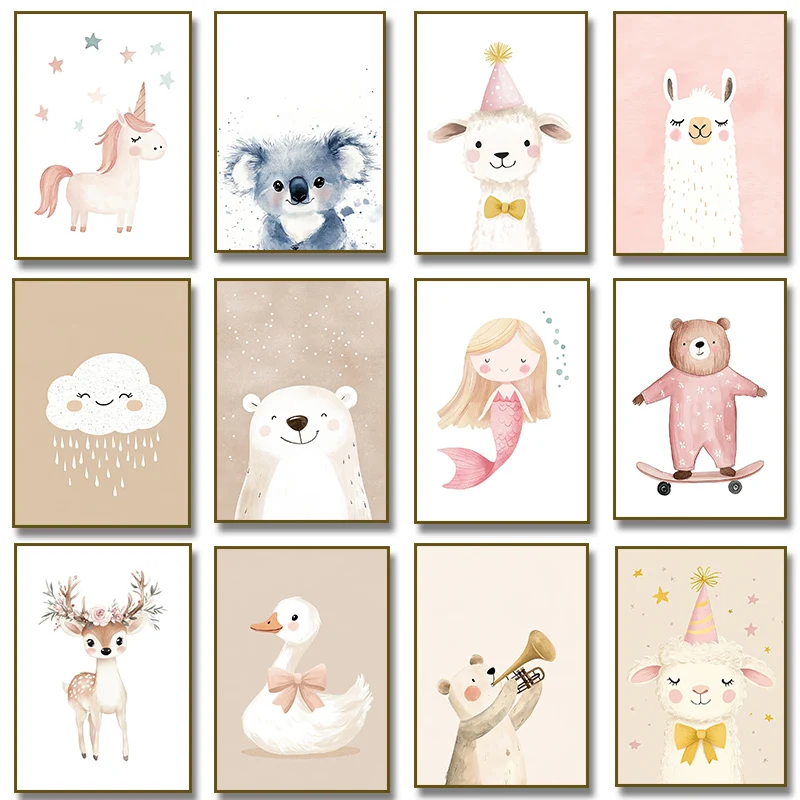 Watercolor Poster Print - Cute Watercolor Unicorn Mermaid Llama Goose