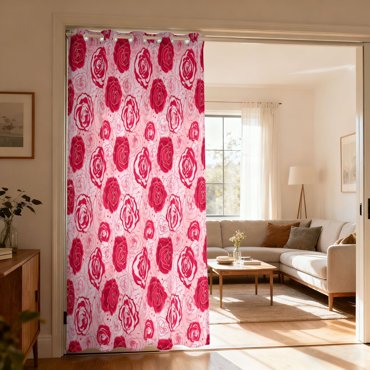 Home Decor Curtain - 1pc Light Green Base Pink Rose