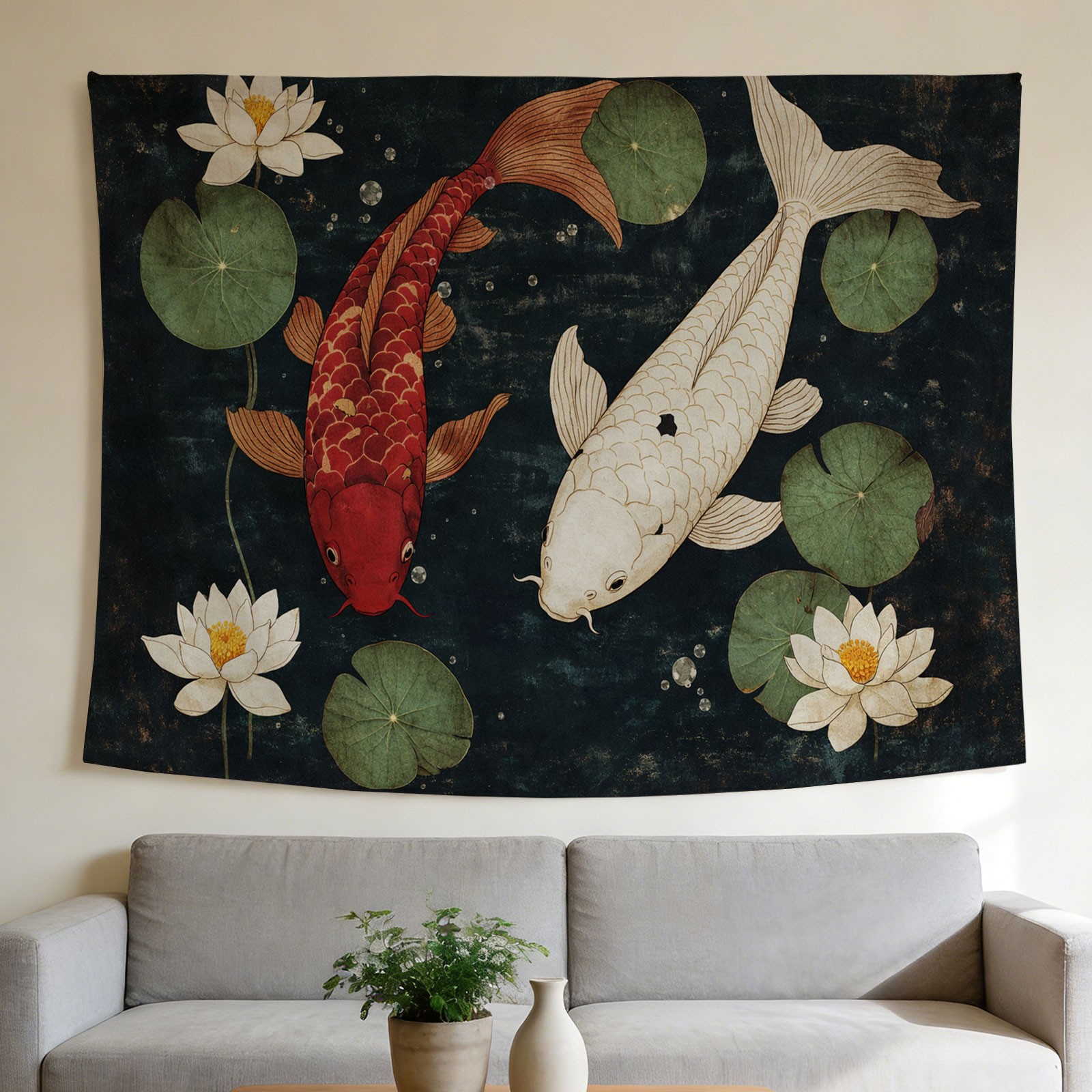 Home Decor Japandi Style - Luxury Koi Fish and Lotus Flower