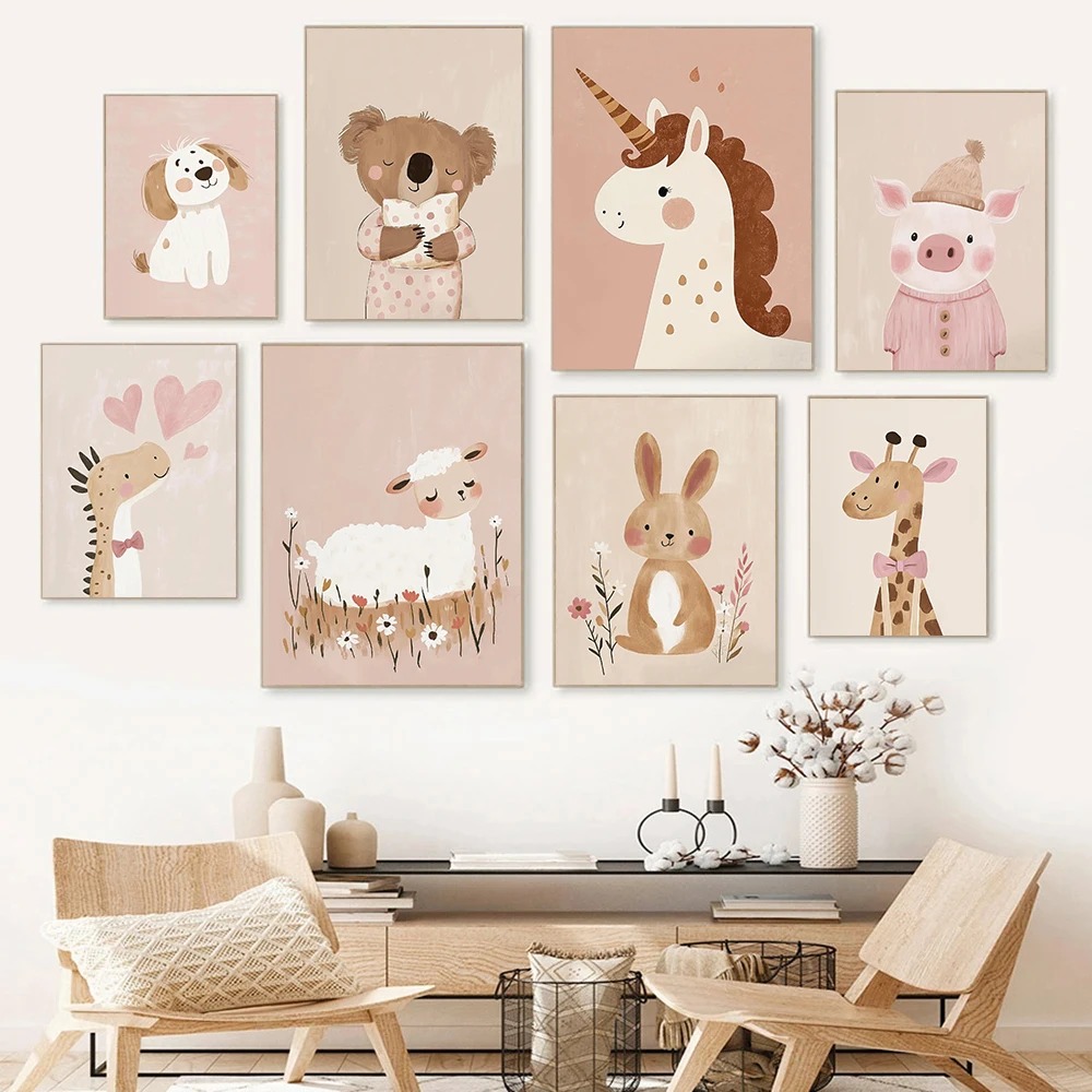 Nordic Pink Cute Cartoon Anima - đánh giá và giá Watercolor Poster Print