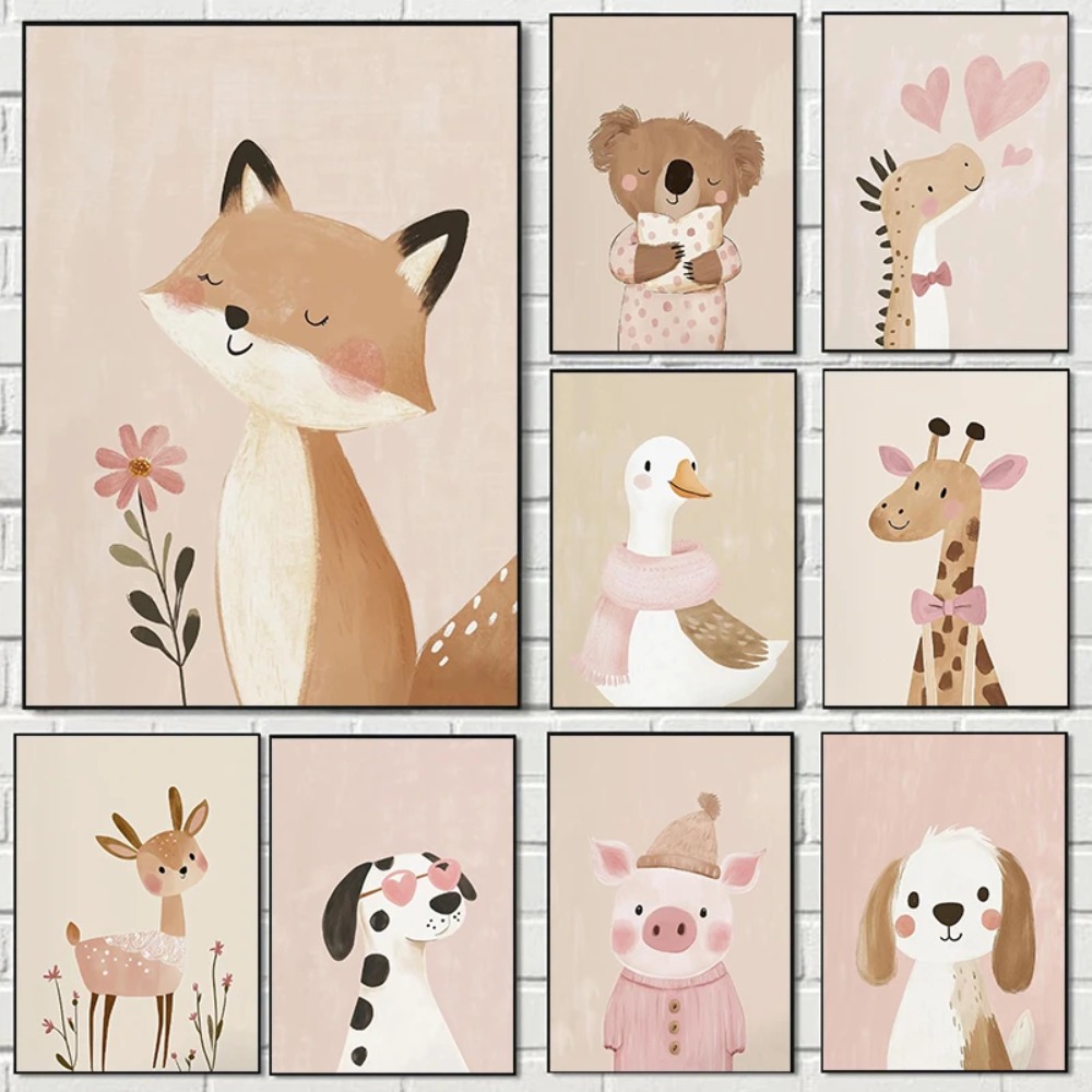 Nordic Pink Cute Cartoon Anima - đánh giá và giá Watercolor Poster Print