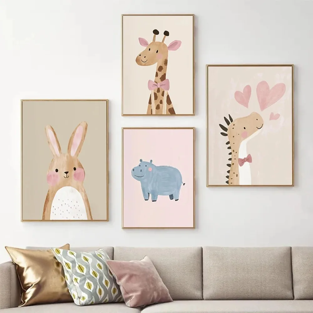 Nordic Pink Cute Cartoon Anima - đánh giá và giá Watercolor Poster Print