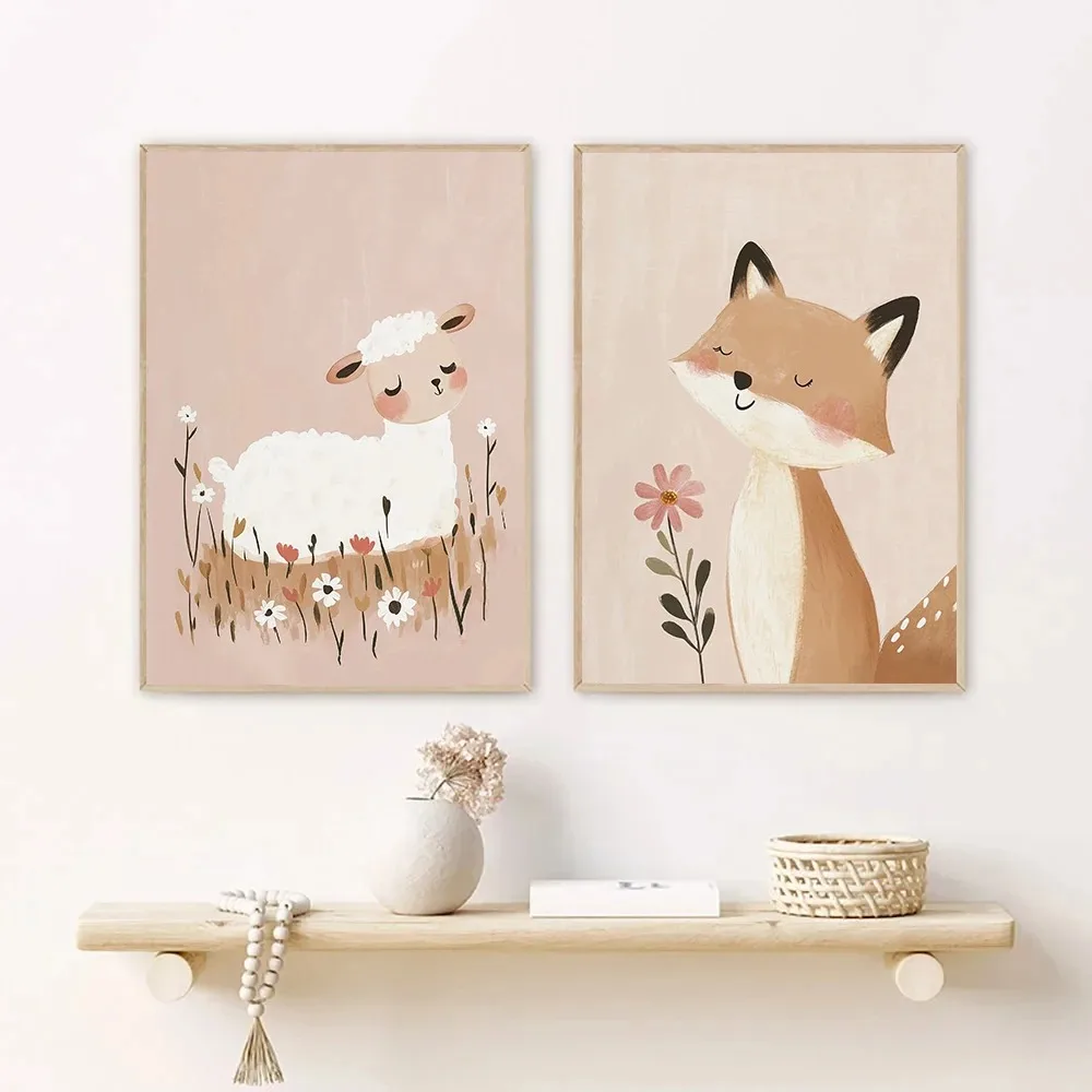 Nordic Pink Cute Cartoon Anima - đánh giá và giá Watercolor Poster Print