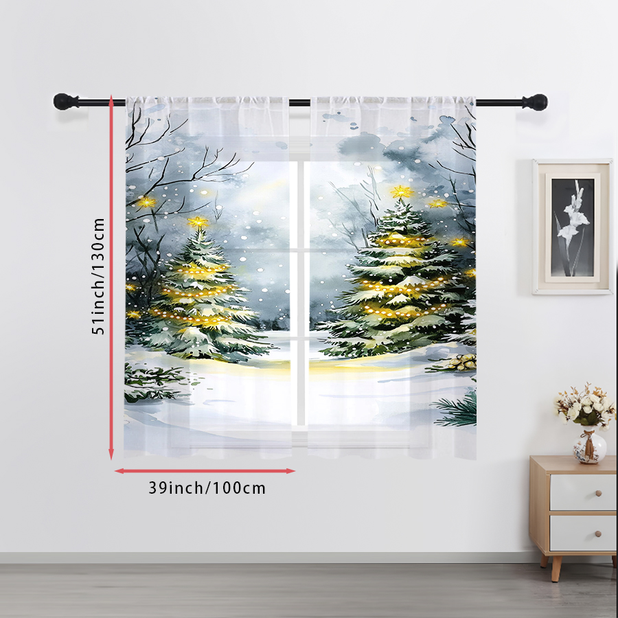 2PCS Sheer Curtains Watercolor - đánh giá và giá Home Decor Xmas Tree